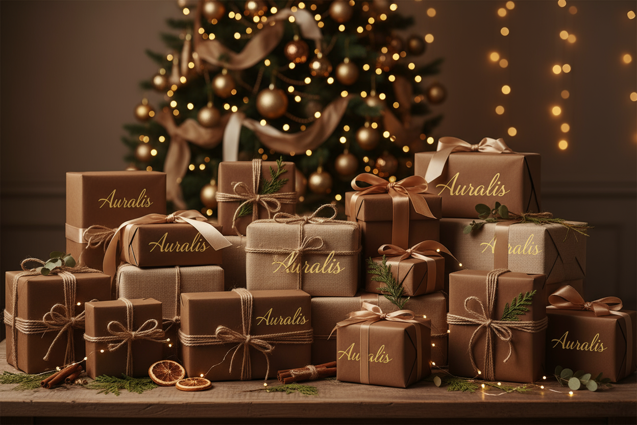 christmas tree on the background on a table with a lot of boxes written Auralis on it, brownish theme on the background